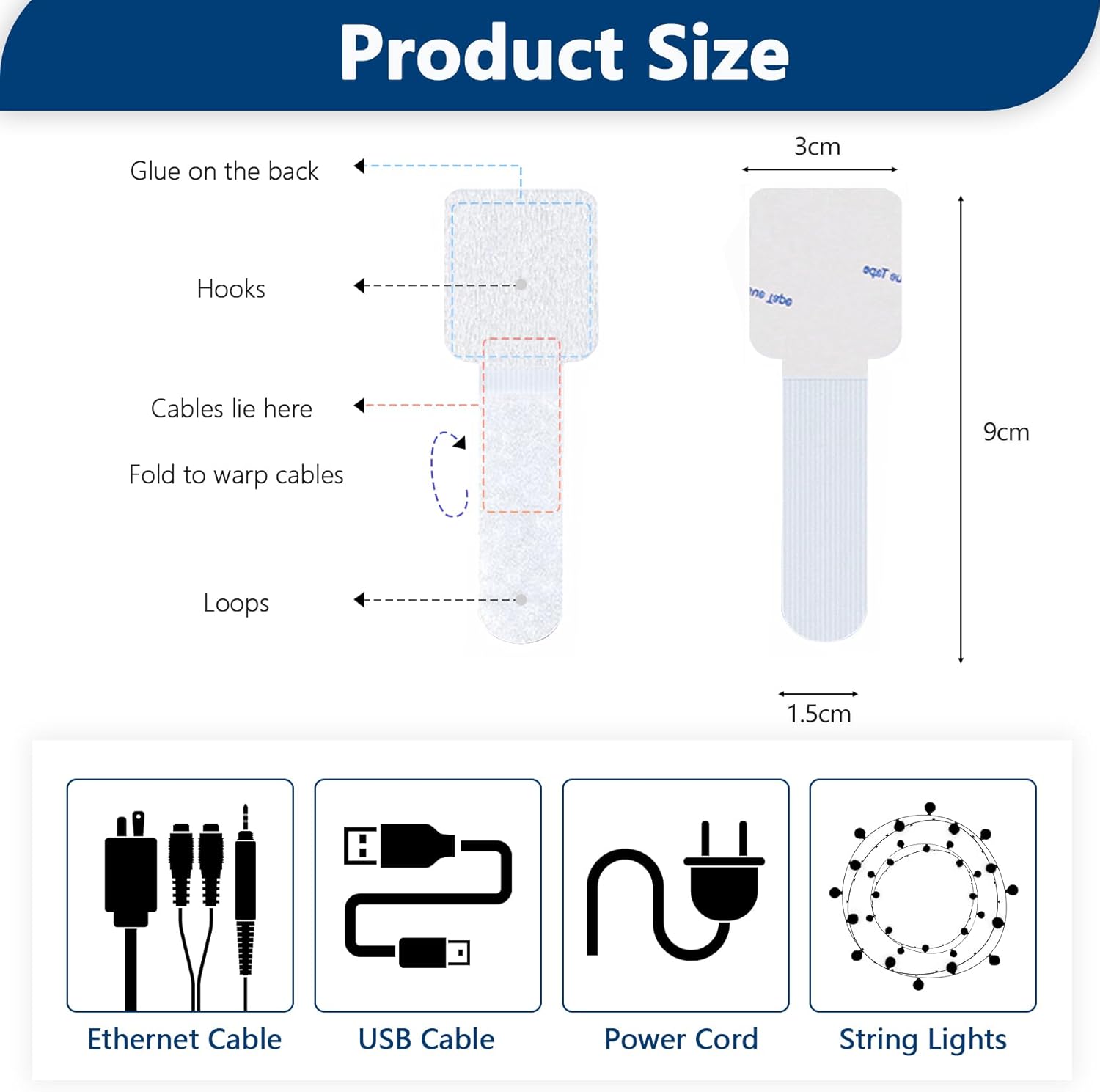 50 PCS Hook and Loop Cable Ties, Under Desk Cable Management, Self Adhesive Cable Clips Straps, Sticky-Back Cord