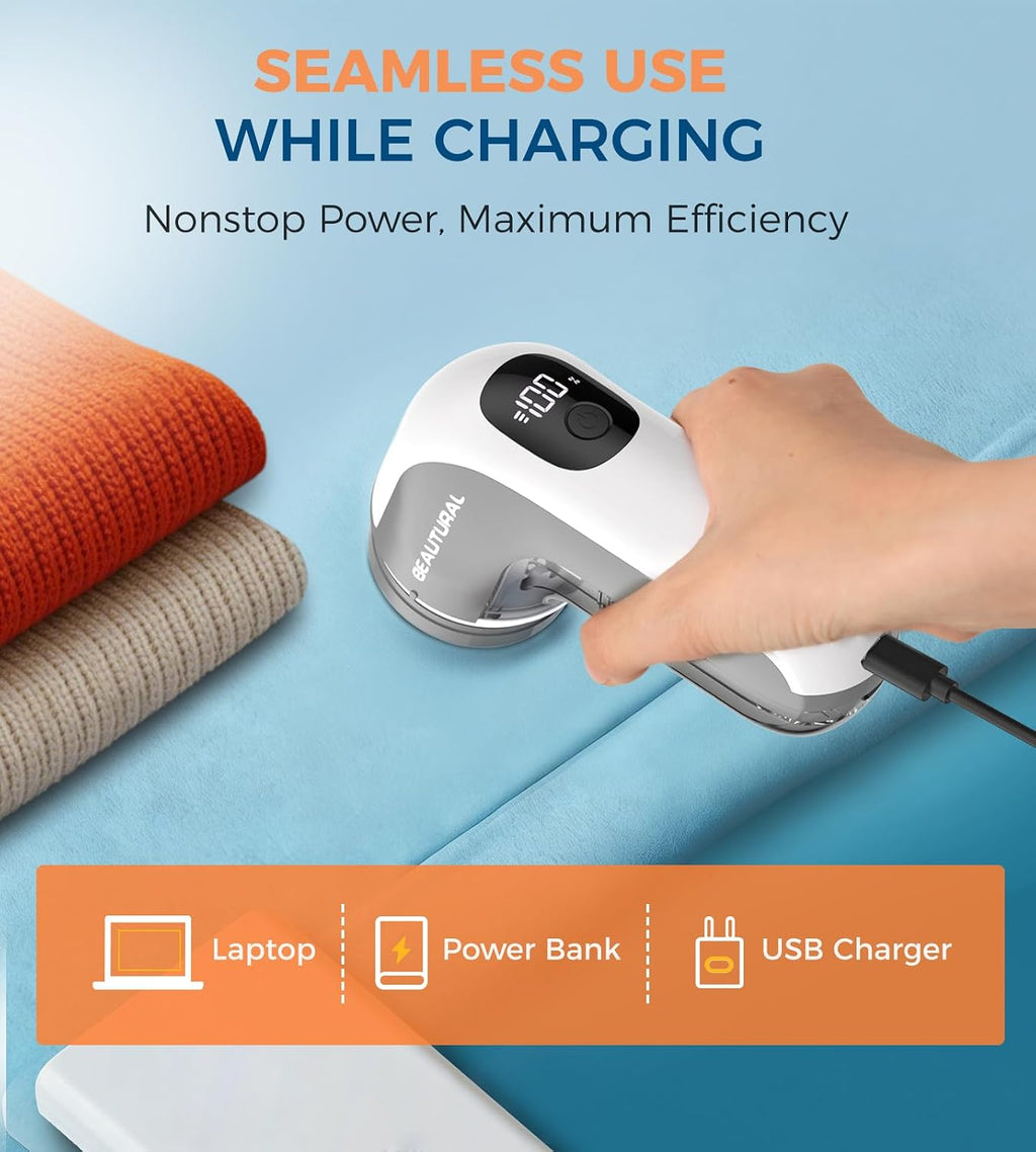 Fabric Shaver and Lint Remover, Portable Sweater Defuzzer | Rechargeable, 3 Speeds, 6 Leaf Blades, Digital LED