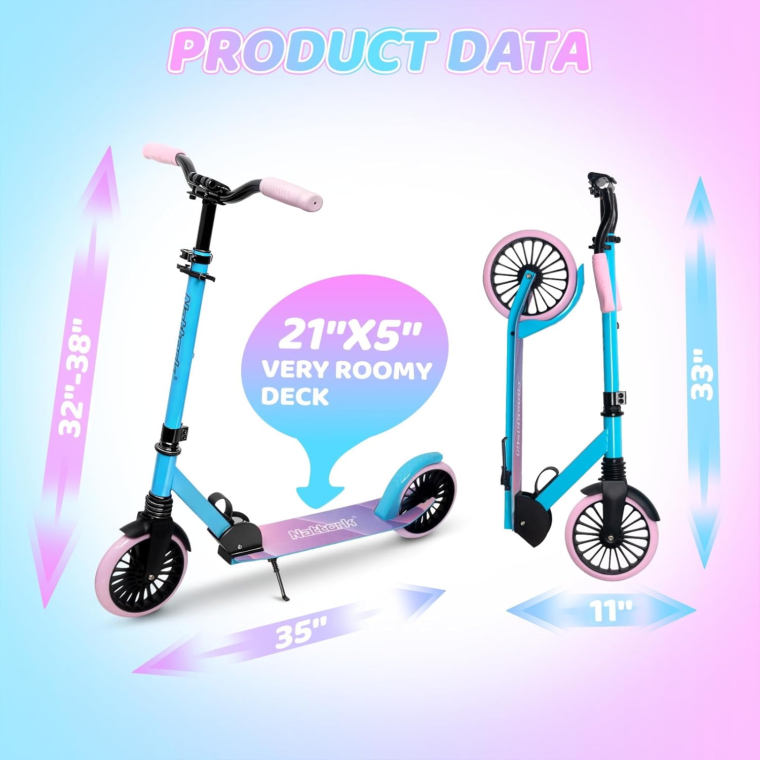 Kick Scooter for Age 6+ Kids Teens Adults, Max Load 240 LBS, Adjustable Height Foldable with 8" Large Wheels