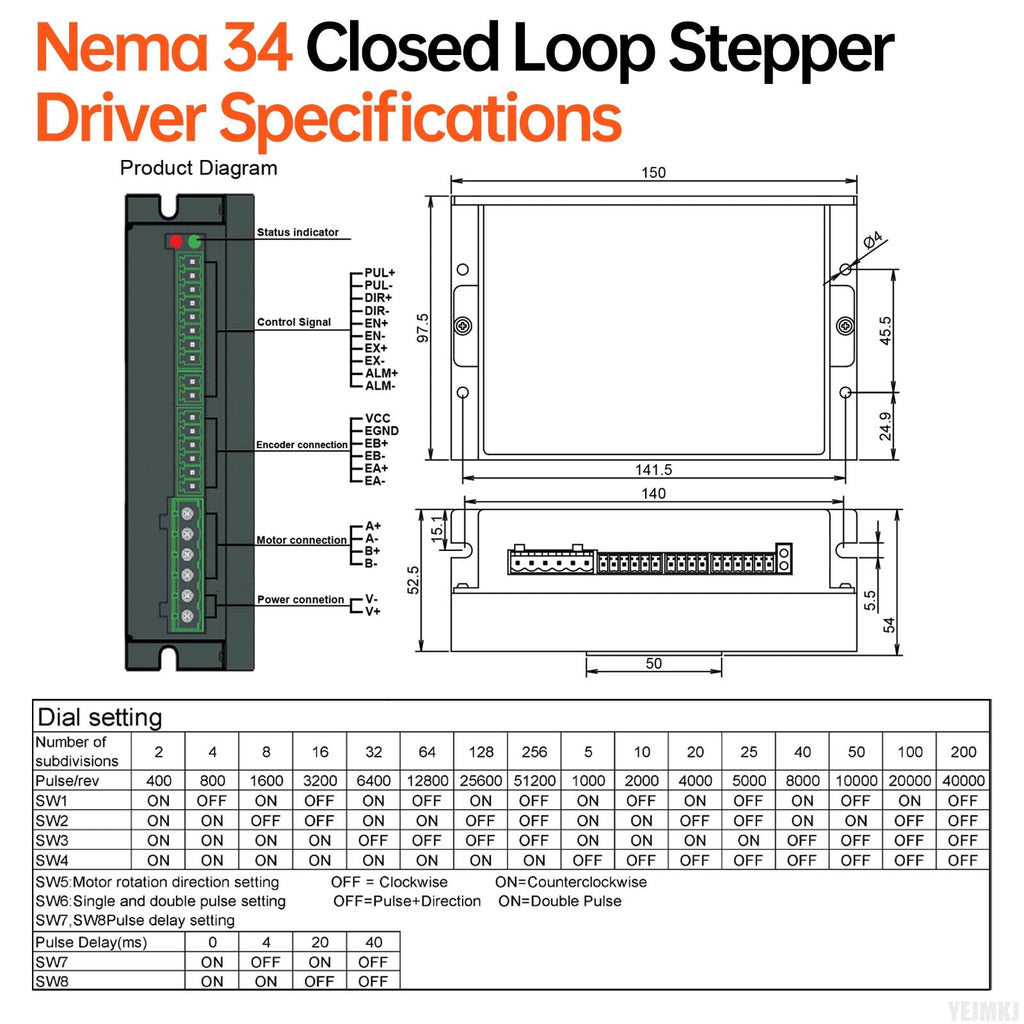 YEJMKJ Nema 34 Closed Loop Stepper Motor with Driver Kit 86-78mm 5.2Nm