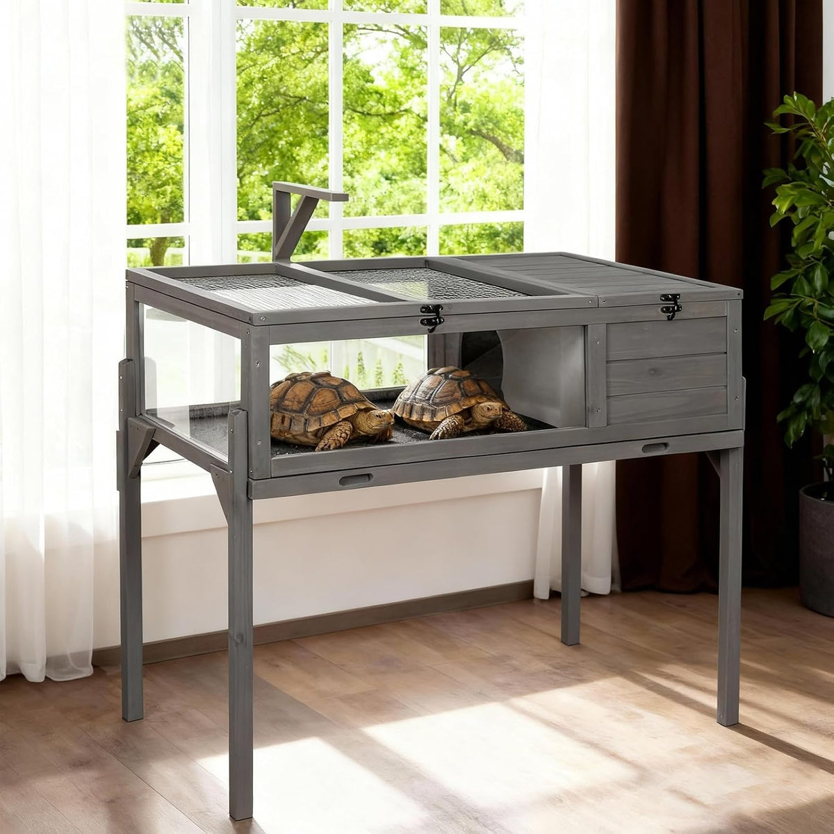 Tortoise Habitat Indoor & Outdoor, Wooden Tortoise House with Detachable Legs, Reptile Cage for Small Animals