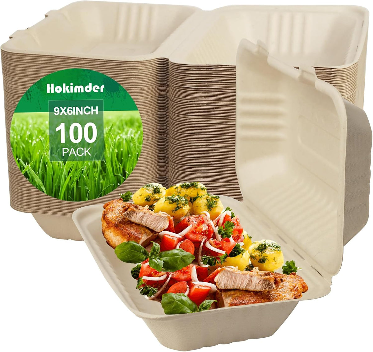 Compostable Clamshell Food Containers [9x6 Inch 100-Pack] Disposable To Go Food Containers, Clamshell To Go Boxes for
