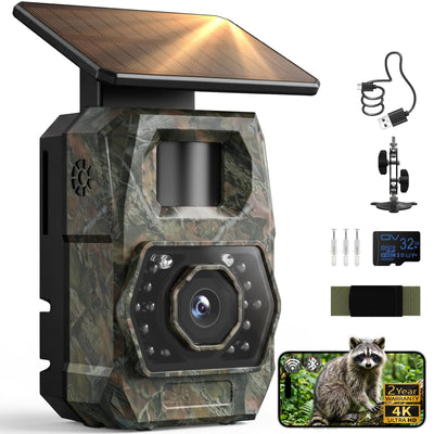Solar Trail Camera WiFi Bluetooth - 4K 64MP Game Cameras with Night Vision Motion Activated IP66 Waterproof, with