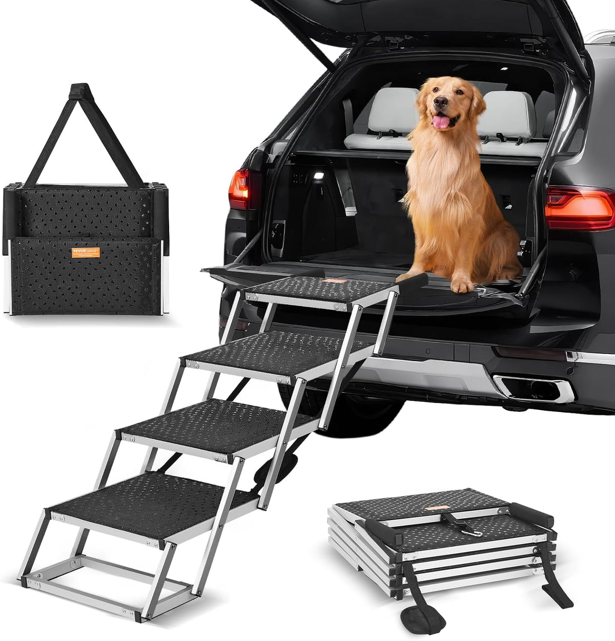 4-Step Dog Car Steps, Folding Dog Ramp with Nonslip Surface, Portable Pet Steps in Aluminum for Car, SUV and Truck