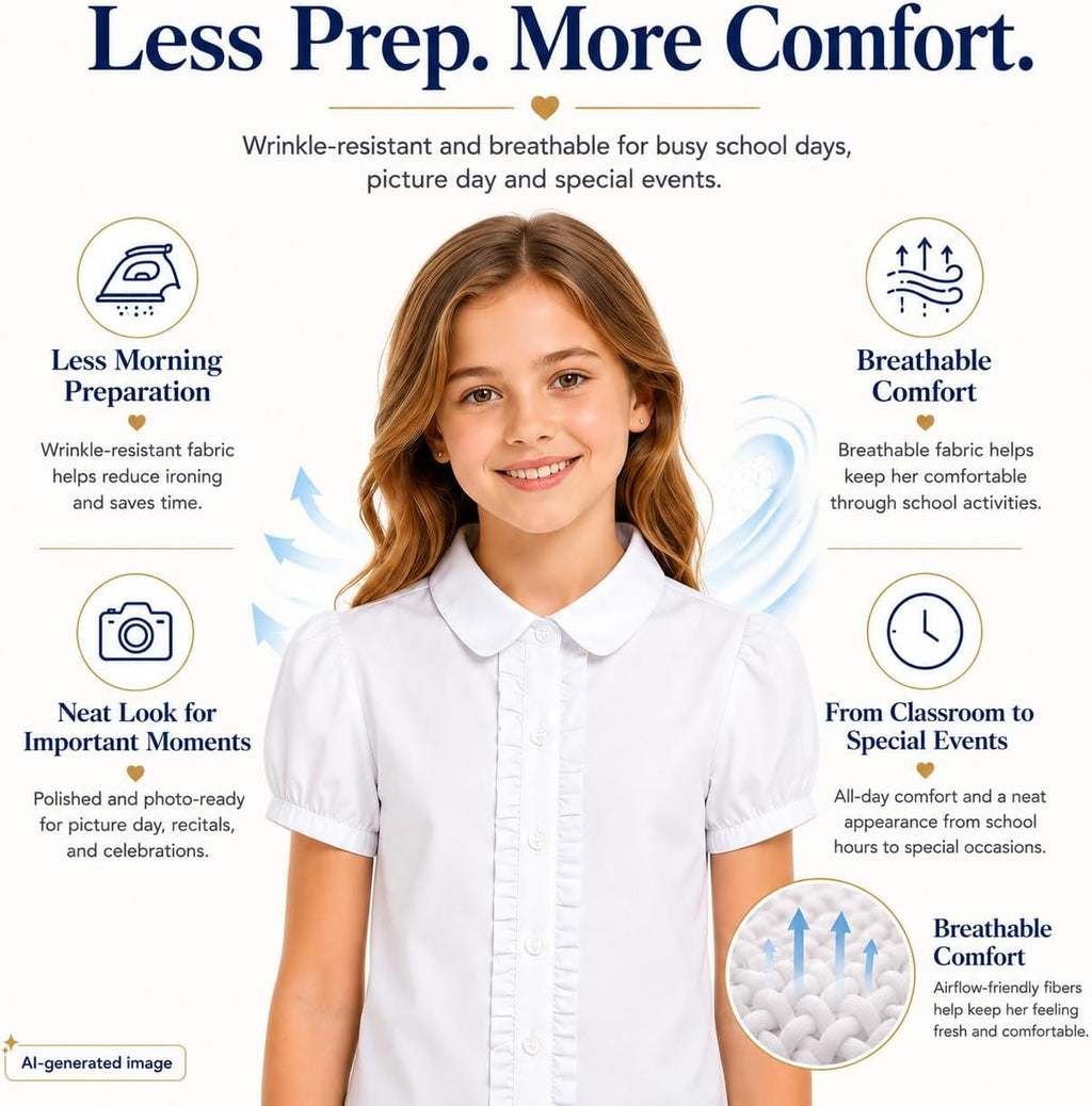 Girls School Uniform Blouse: Ruffle Front Puff Short Sleeve | Cotton Fabric, Button Closure, Solid White, Ages 6-13