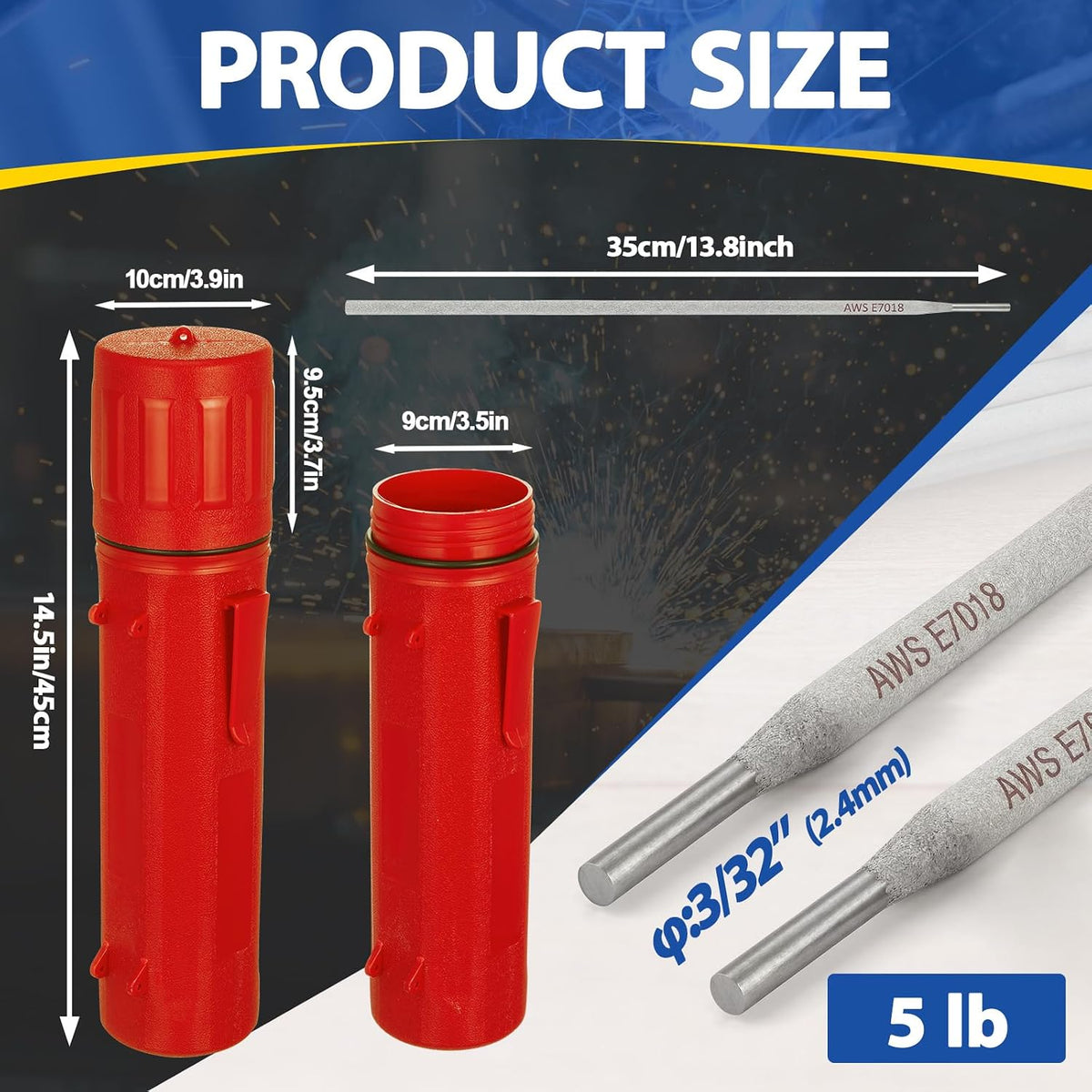 E7018 Welding Rods 3/32" 5lb with 14.5" Storage Tube | Low Hydrogen Carbon Steel Stick Electrodes, Airproof