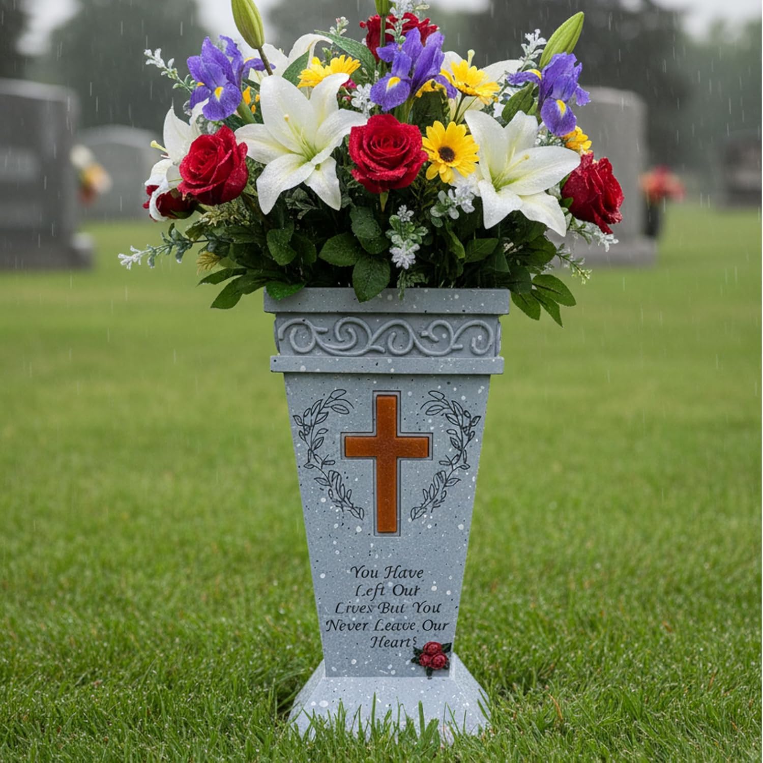 Solar Cemetery Vase with Lighted Cross & 2 Metal Spikes - Heavy Duty Resin Grave Decorations for Cemetery - Windproof