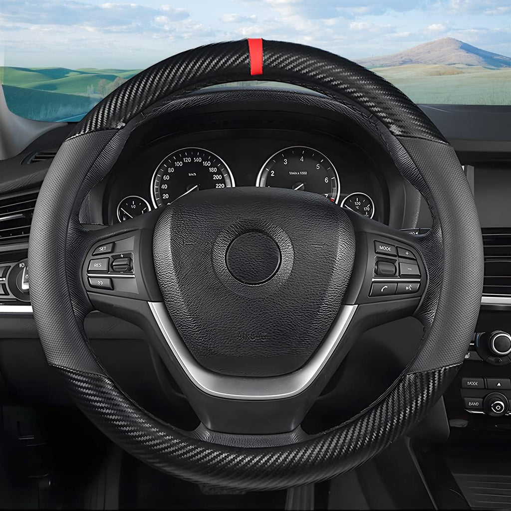 Carbon Fiber Steering Wheel Cover, Universal 15 inch Breathable Anti Slip, Black, Leather & Carbon Fiber, Truck &