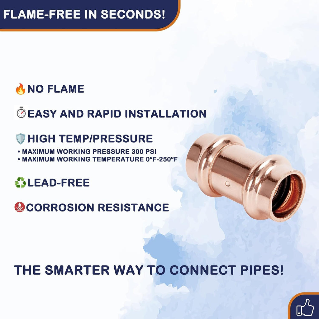 Copper Press Fittings 1/2 inch Coupling with Stop Zero Lead 10-Pack