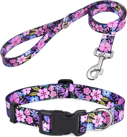 Dog Collar and Leash Set with Bohemia Floral Tribal Geometric Patterns - Soft Ethnic Style Collar Adjustable for