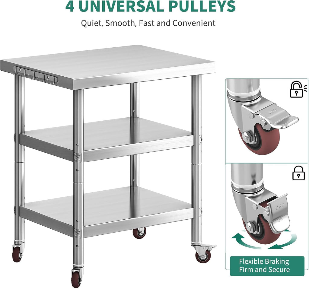 36" X 24" Stainless Steel Table with Wheels, 3 Shelves
