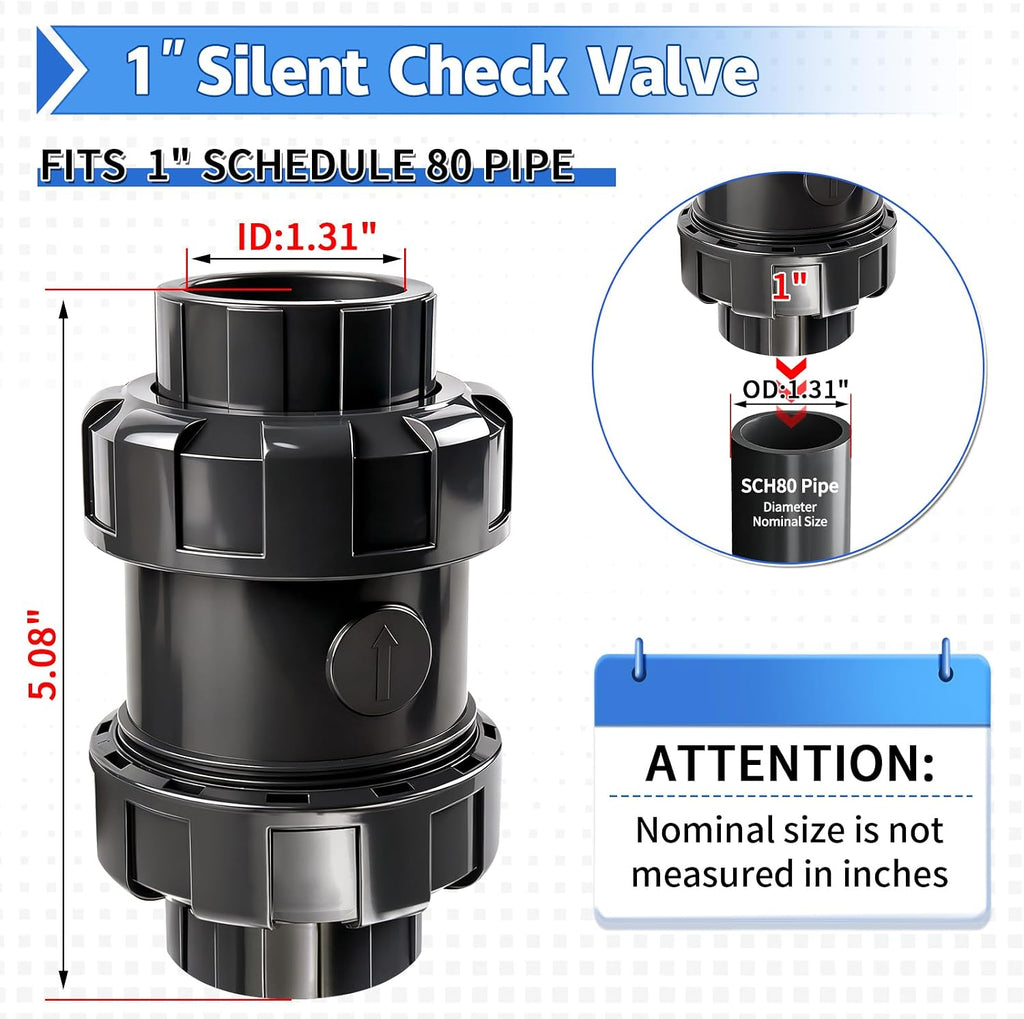 PVC True Union Check Valve, 1'' Slip Swing Full Port Utility Valve for Backflow Prevention