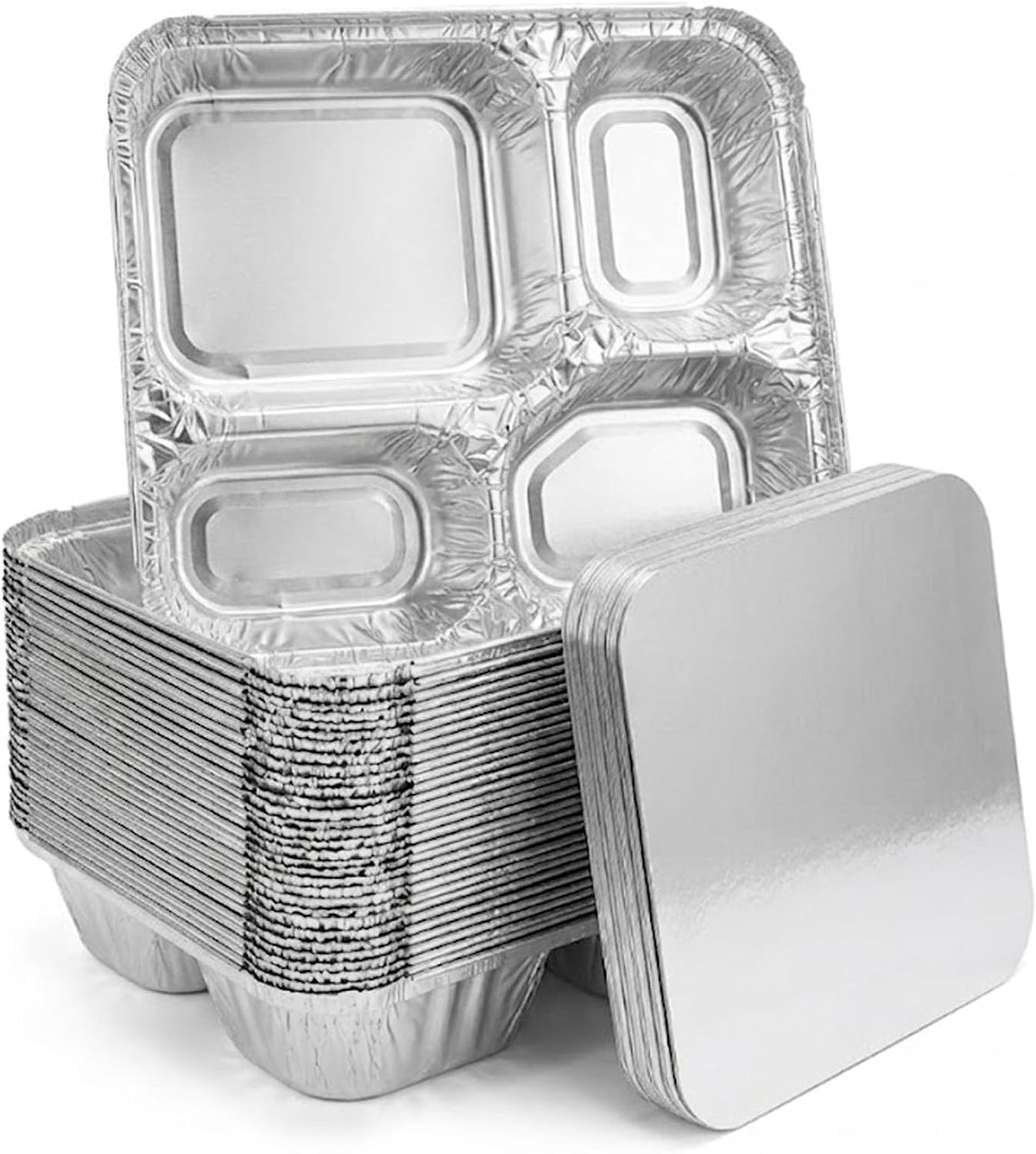 20 Pack 9.6 x 8.5 Inch 4-Compartment Disposable Aluminum Foil Trays with Lids, Oven Safe Food Containers for Takeout