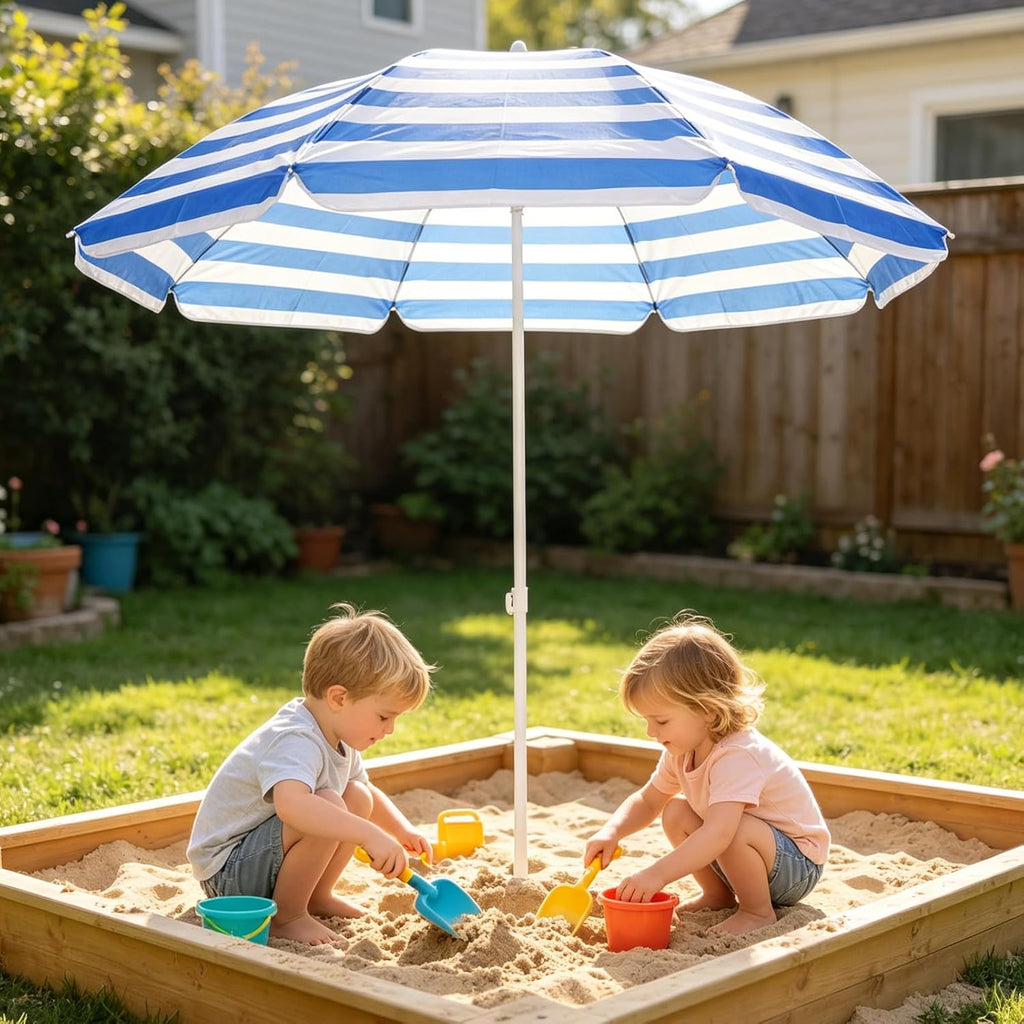Water Table Umbrella Beach Umbrella & Picnic Table Shade for Kids, Blue White Striped Sandbox Parasol, Adjustable