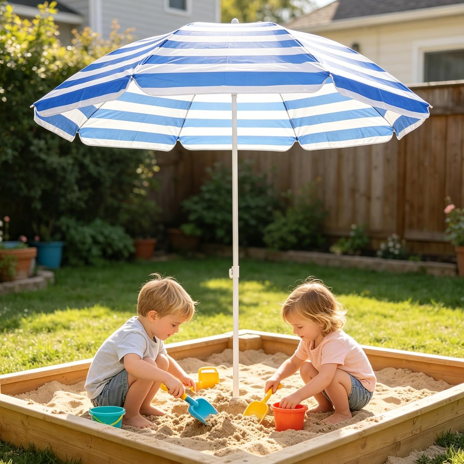 Water Table Umbrella Beach Umbrella & Picnic Table Shade for Kids, Blue White Striped Sandbox Parasol, Adjustable