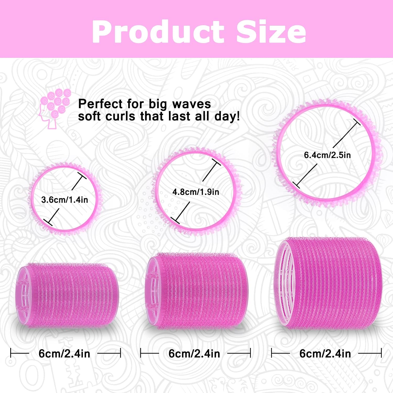 Self Grip Hair Rollers Set, 18 Rollers in 3 Sizes with Clips | Includes 10 Clips, Rat Tail Comb and Storage Bag; Adds