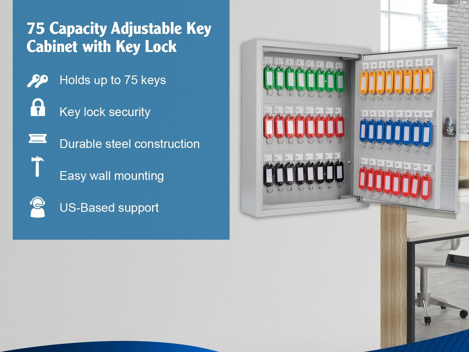 75 Position Key Lock Box – Hook-Style Cabinet with Numbered Hooks, Key Tags, Log Sheet, Labeled Shelves, Wall Mount