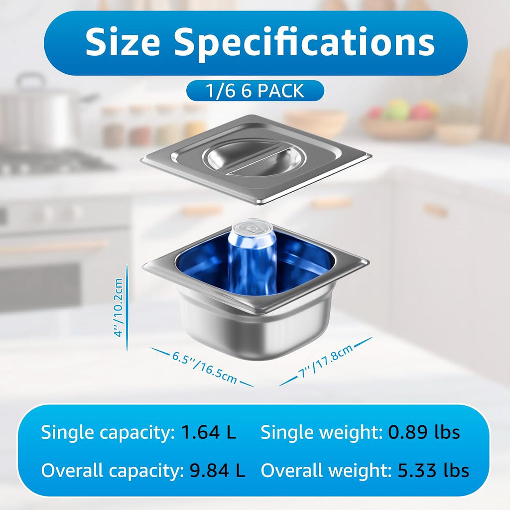 1/6 Size Hotel Pans with Lids | 4" Deep (6 Pack) | Anti-Jam Lug