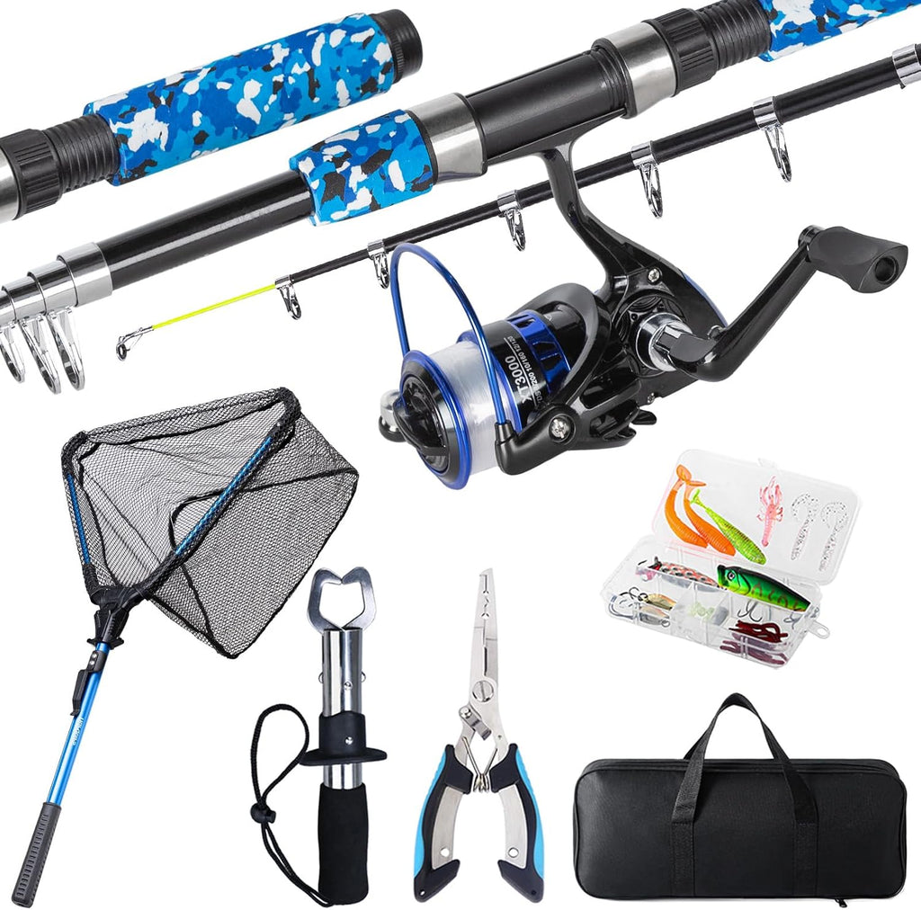 Fishing Rod and Reel Combo with Fishing Net, 6.9ft Telescopic Fishing Pole Kit with Fishing Pliers, Lip Gripper