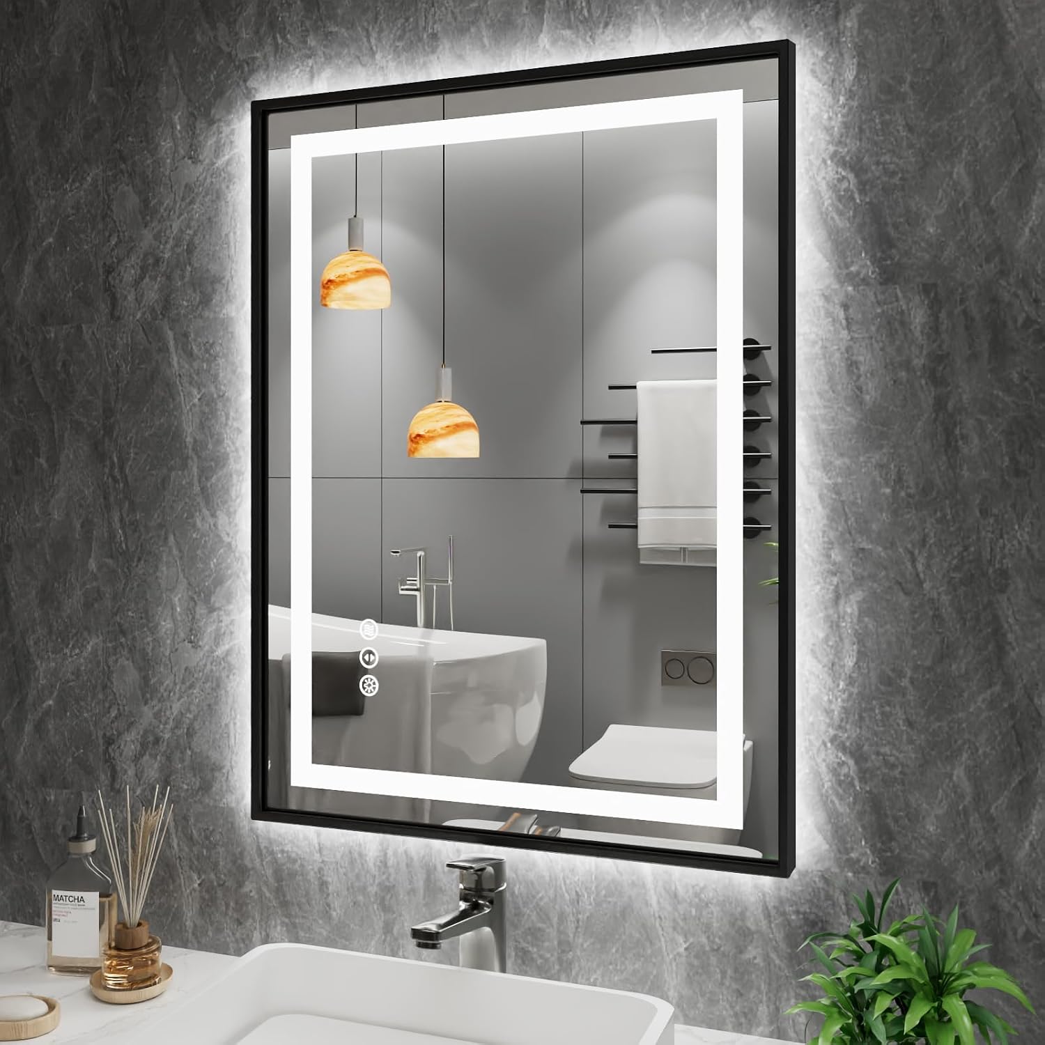 24"X32" LED Bathroom Mirror with Black Frame, Front Lit and Backlit | Metal Framed Mirror, Stepless Dimmable, HD