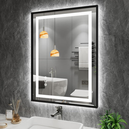 24"X32" LED Bathroom Mirror with Black Frame, Front Lit and Backlit | Metal Framed Mirror, Stepless Dimmable, HD