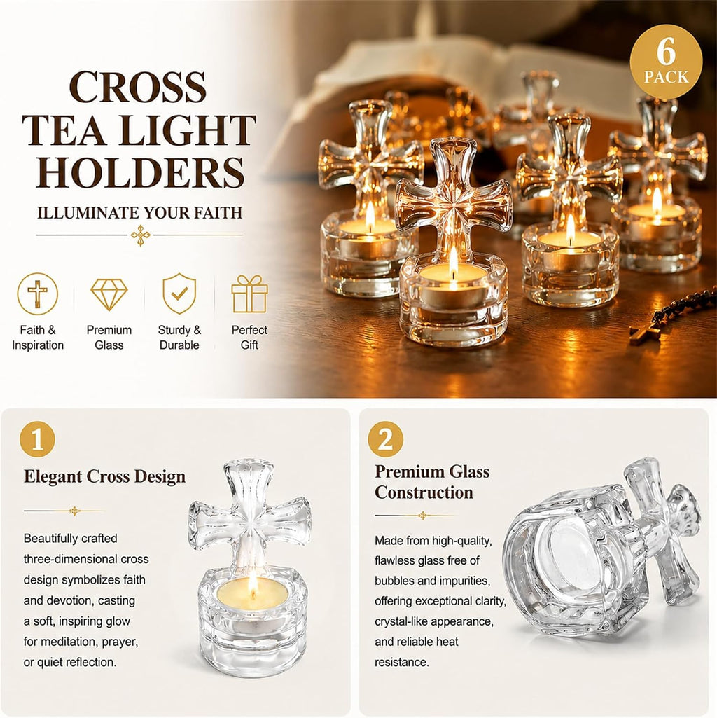6 Pack Clear Glass Cross Tea Light Candle Holders, 4-inch Tall Crystal Votive Candle Holders for Religious Home