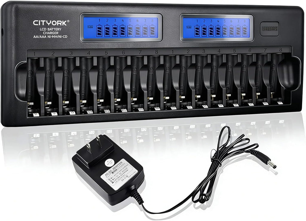 16 Bay AA AAA Battery Charger with Discharge Function, Smart LCD Display for 1.2V AA/AAA NiMH/NiCd Rechargeable