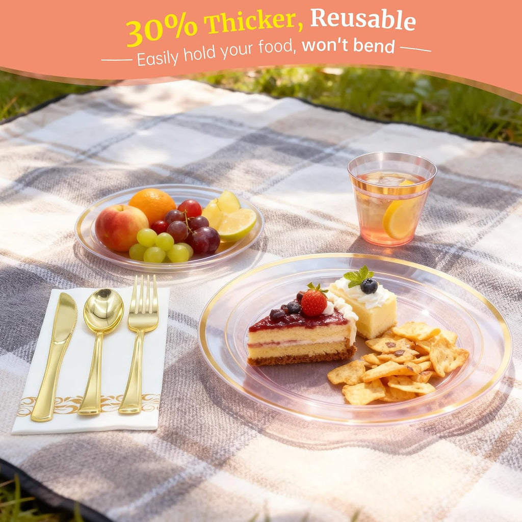 Gold Pink Plastic Plates Set, 175PCS Disposable Tableware for 25
