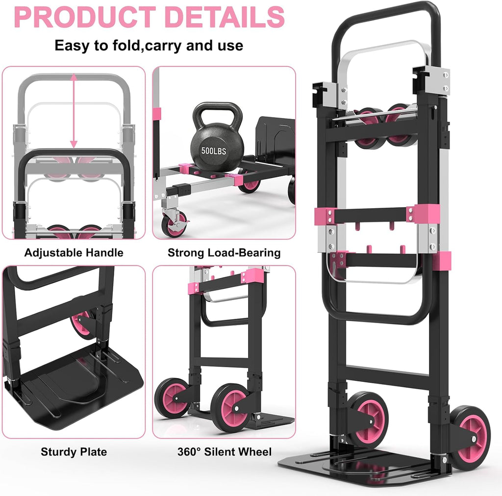 3-in-1 Folding Heavy Duty Hand Truck Dolly Cart Trolley with Wheels (Pink) | 500lbs, Convertible,Moving Cart with
