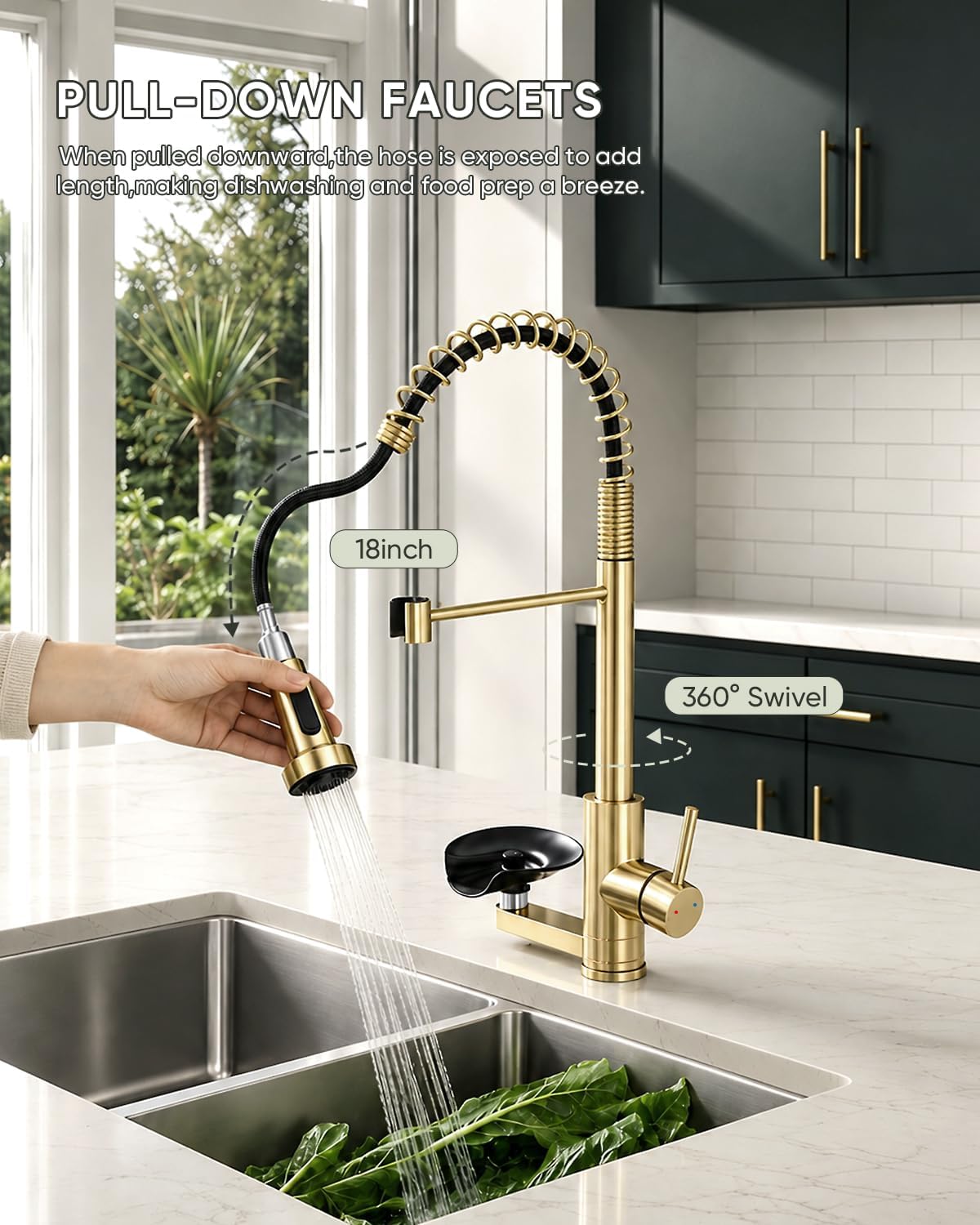 Pull Down Kitchen Faucet with Cup Washer Brushed Gold