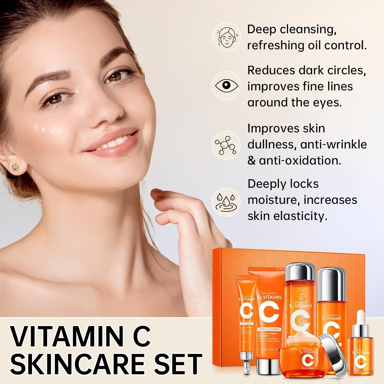 Vitamin C Skin Care Set for Women - 6PCS Skincare Gift Set With Facial Cleanser, Toner, Eye Cream, Serum, Lotion &