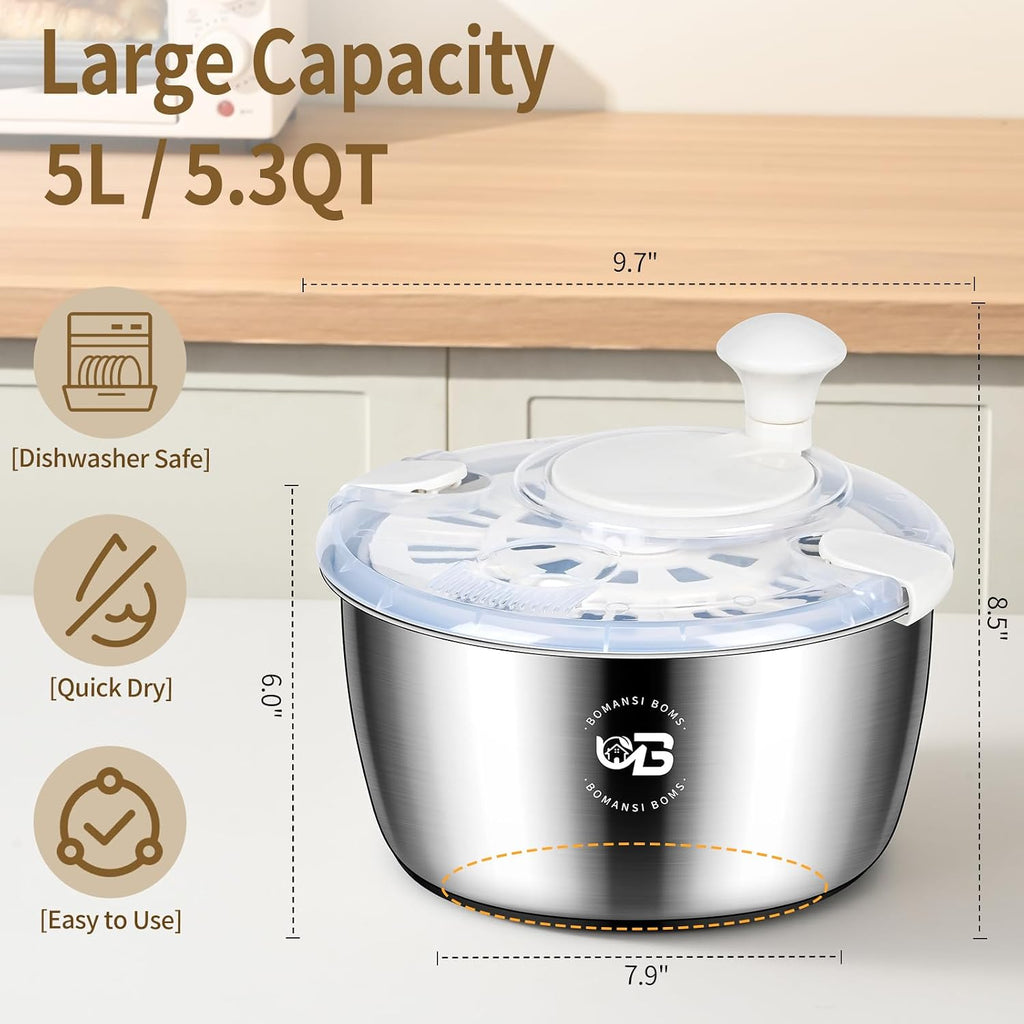 5.3 Qt Stainless Steel Salad Spinner, BOMANSI BOMS Large Salad Spinners Vegetable Spinner, Lettuce Spinner, Fruit