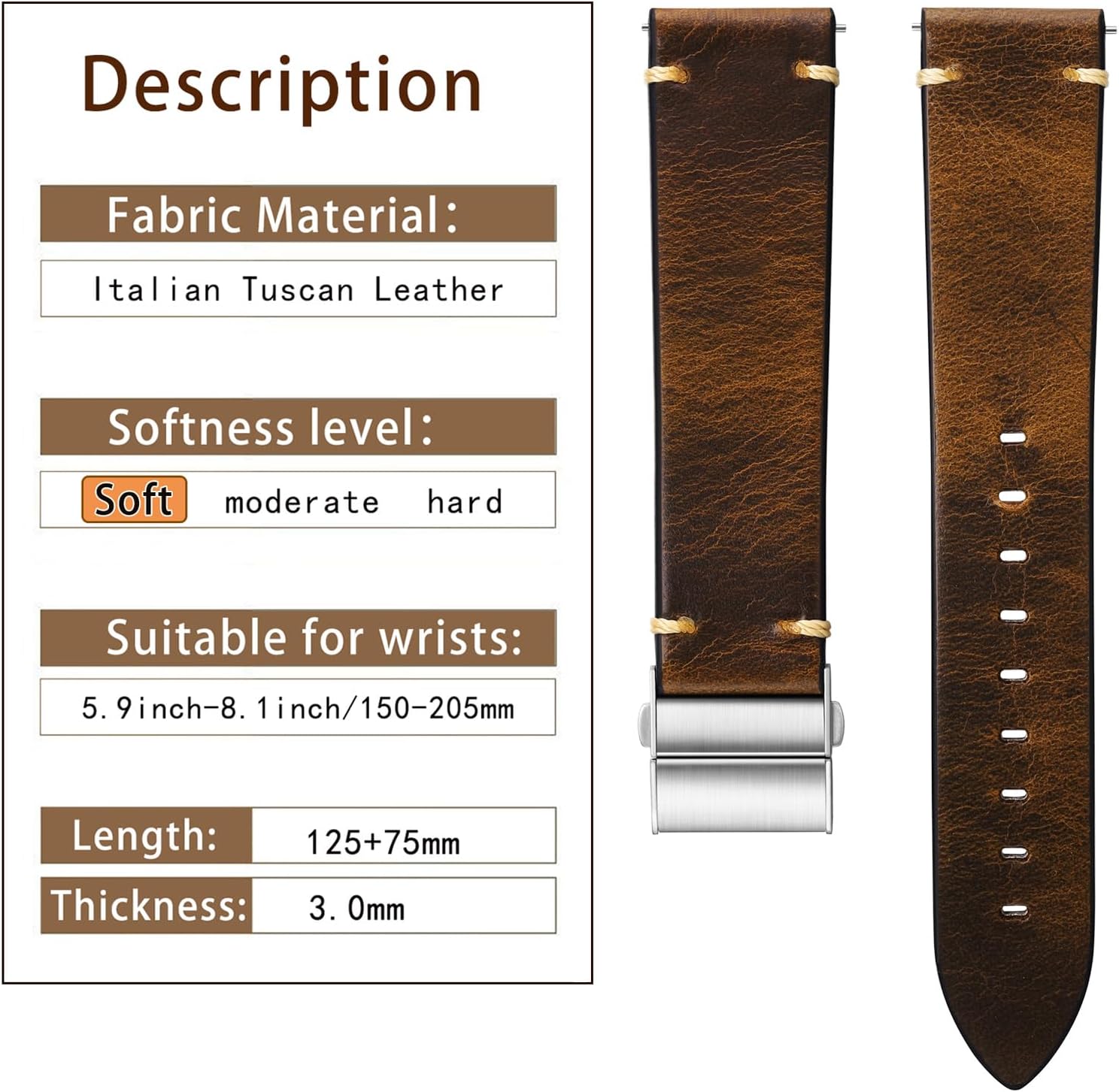 leather Watch Band Retro Oil Wax Leather,18mm 19mm 20mm 21mm 22mm Quick Release Foldover Clasp Watch Straps for Men