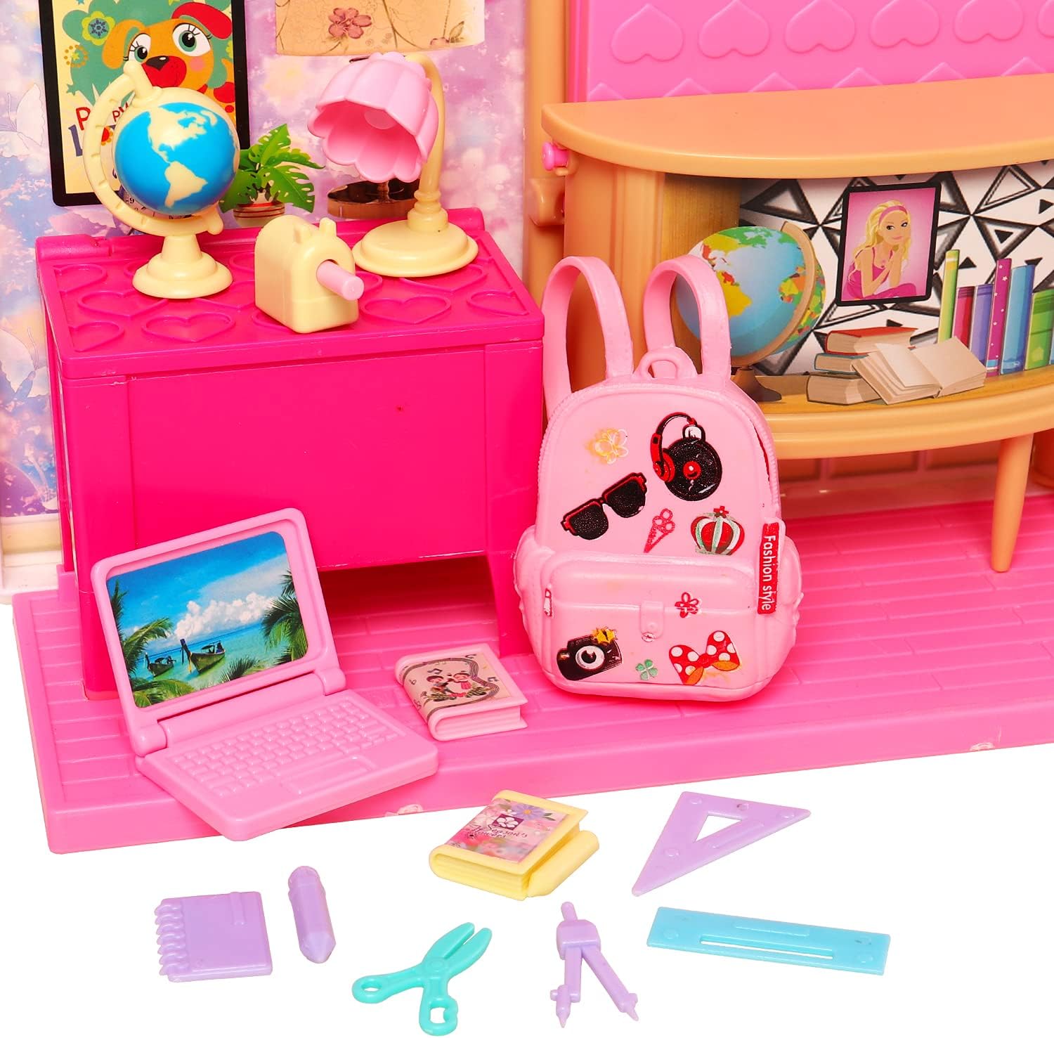 19 Pcs Girl Doll School Accessories Backpack Mini Desk Lamp Laptop Mini Globe Glasses and Headset for 11.5 Inch Doll