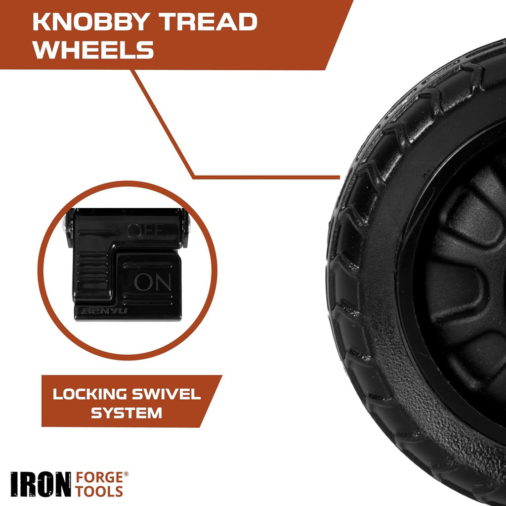 Medium Duty Swivel Knobby Casters, Set of 4-5 Inch | 6 Inch Height, Flat-Free Solid PU Tread, 2 Casters with Brakes
