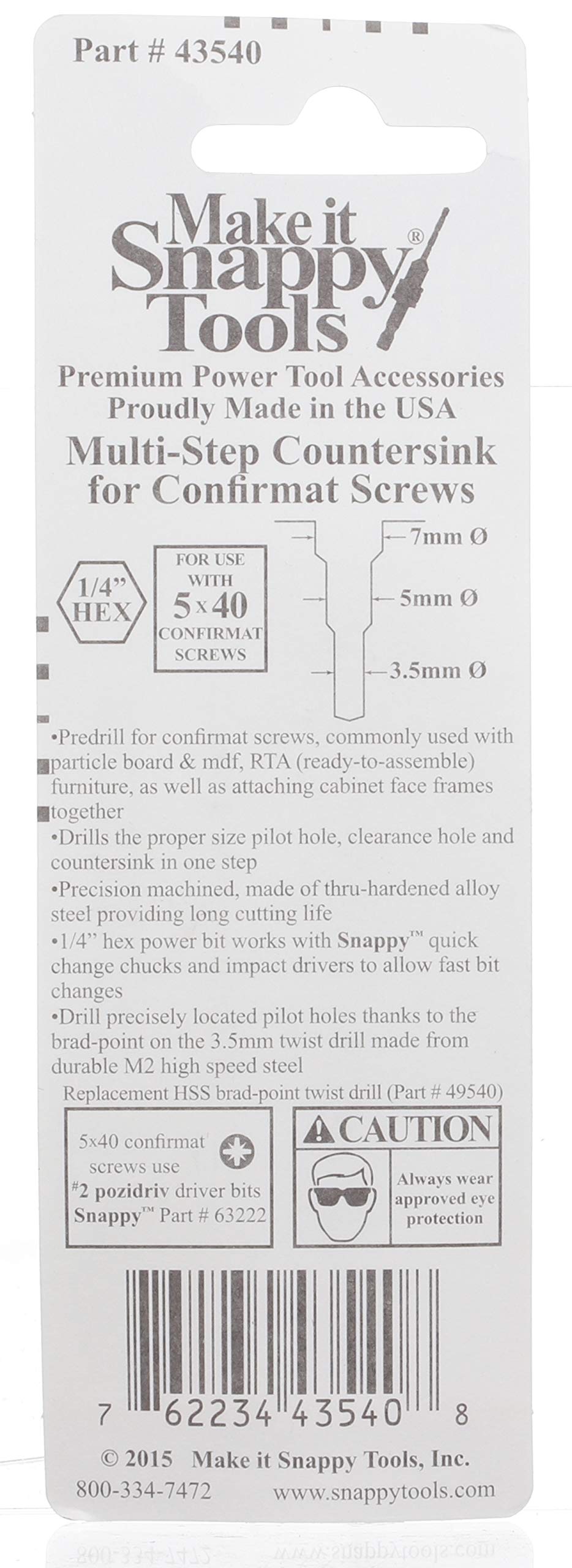 Snappy 5 x 40mm Confirmat Screw 2 Step Countersink Pilot Point Bit 1/4 Hex USA