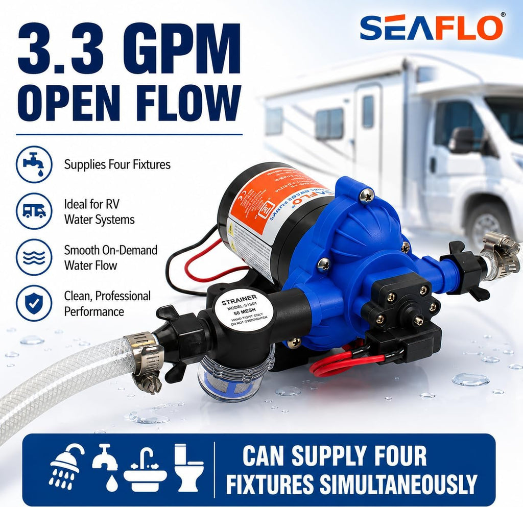 SEAFLO 33-Series Diaphragm Water Pressure Pump (12V | 3.0 GPM | 45 PSI), Blue Housing