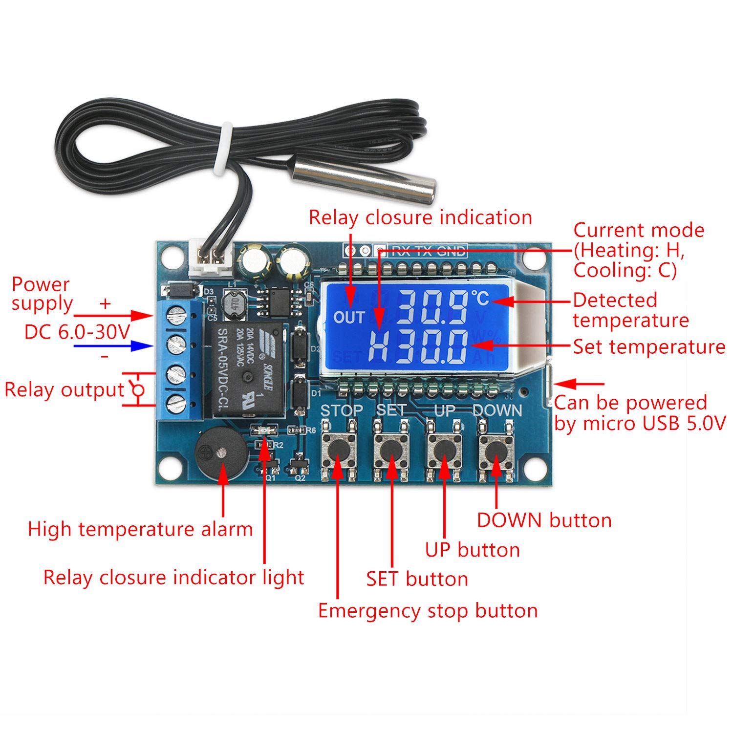Electronic Thermostat Controller, DC 6-30V 24V Digital Temperature Control Board -50 to +110 Degree Celsius High