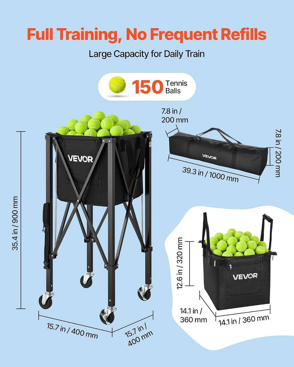 Tennis & Pickleball Hopper Holds 200/175/150/120 Balls, 3-in-1 Tennis Foldable Pickleball Basket Cart for Easy