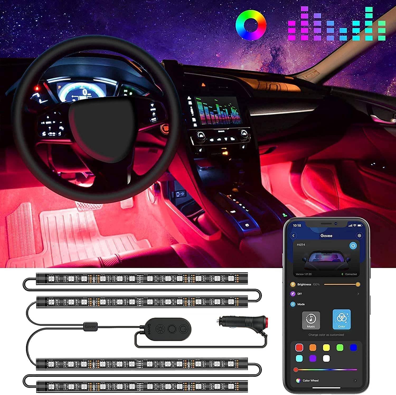 Car LED Lights, Smart Car Interior Lights with App Control, RGB Lights with DIY Mode and Music Mode, 2 Lines Design