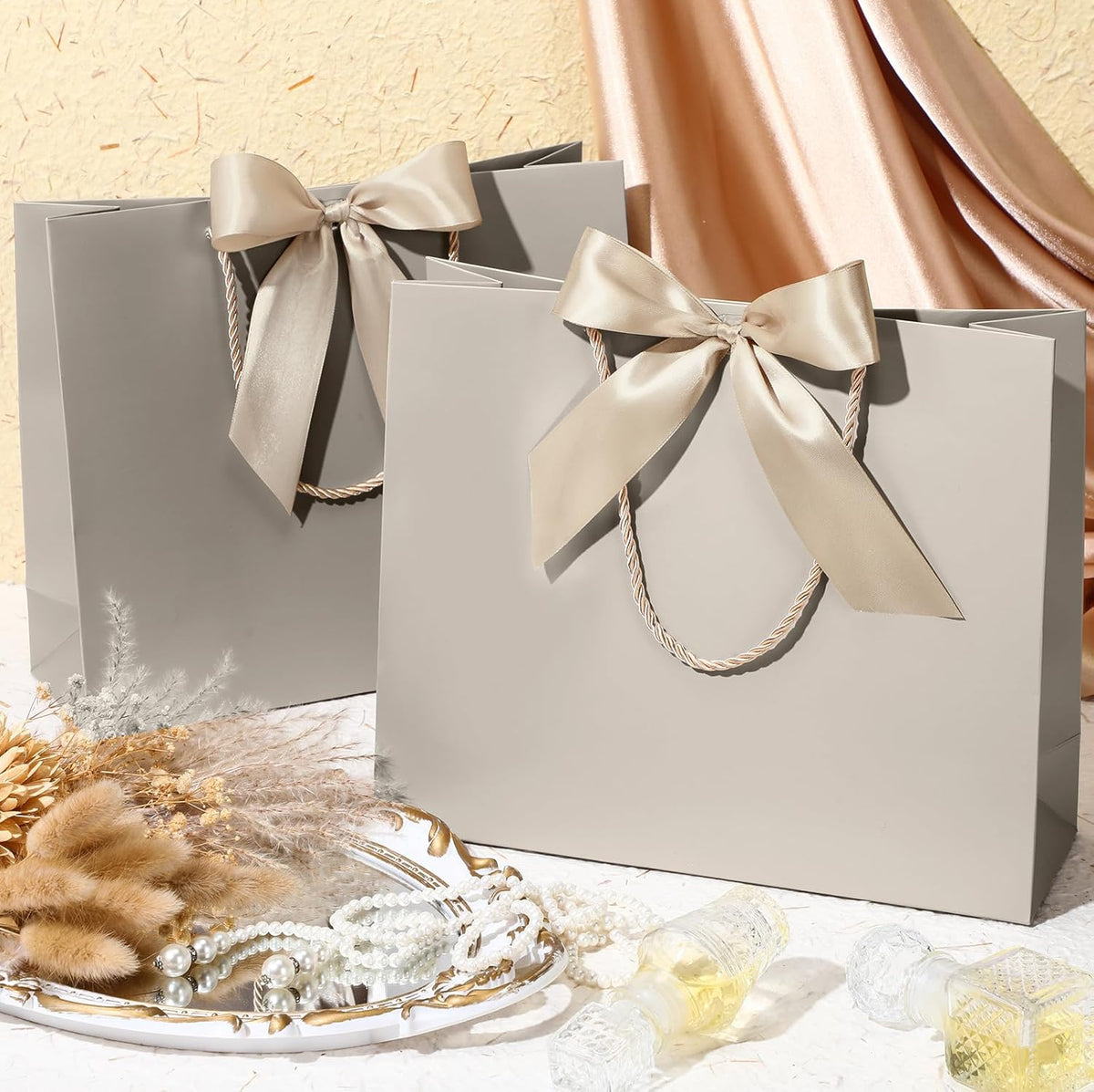 12 Pcs Paper Gift Bags with Handles&Bow Ribbon, Champagne