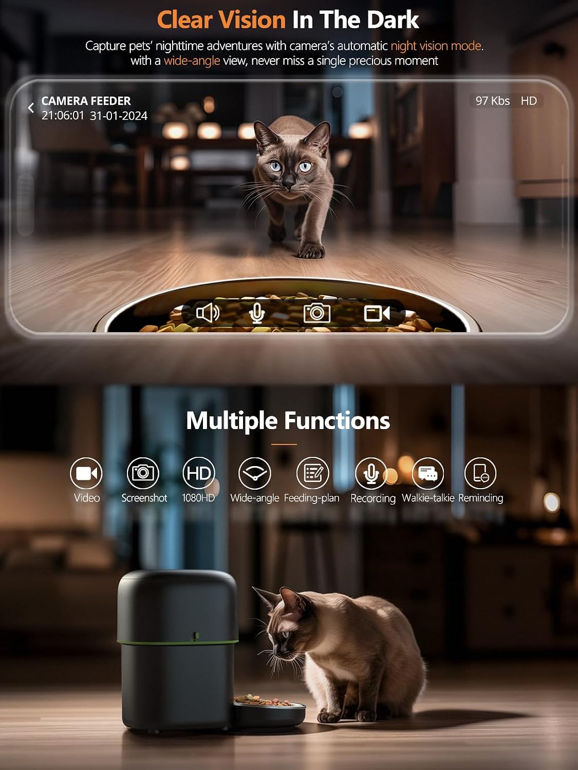 Automatic Cat Feeder with Camera - 5G WiFi Auto Cat Food Dispenser, 1080P HD Video with Night Vision, 1-15 Meals