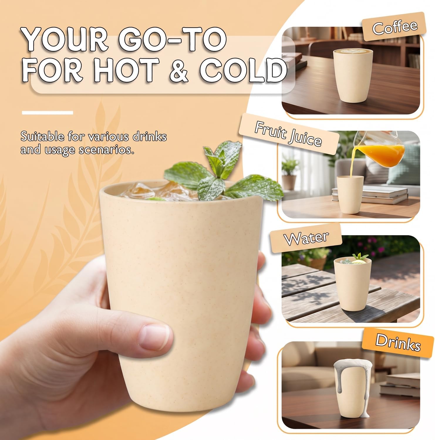 Wheat Straw Cups 6 PCS Good Alternative to Plastic Reusable Cups 12 oz Unbreakable Drinking Cup Reusable Dishwasher