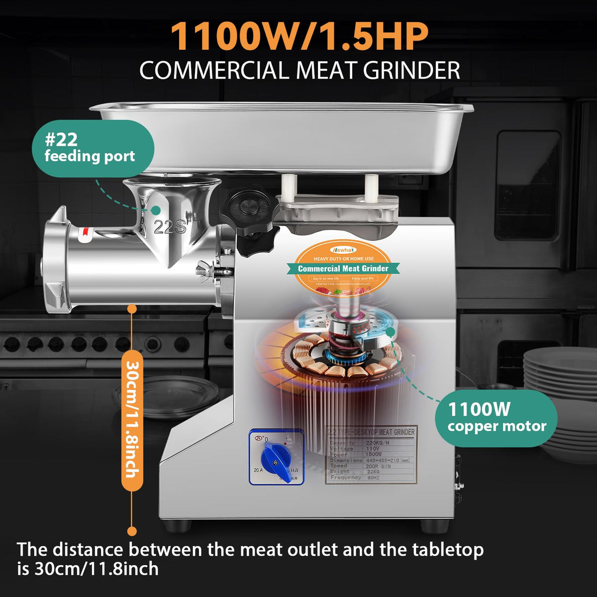 1.5HP #22 Commercial Meat Grinder Machine, 1100W Heavy Duty, 3/6/8mm