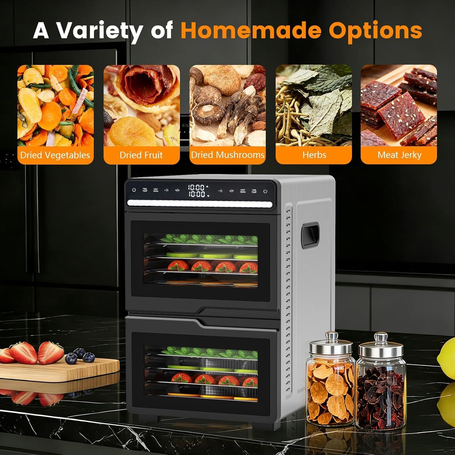 Food Dehydrator, 12 Stainless Steel Trays with 8.8 ft² Drying Space, 1100W, 176°F Dehydrated Dryer for Jerky & Time