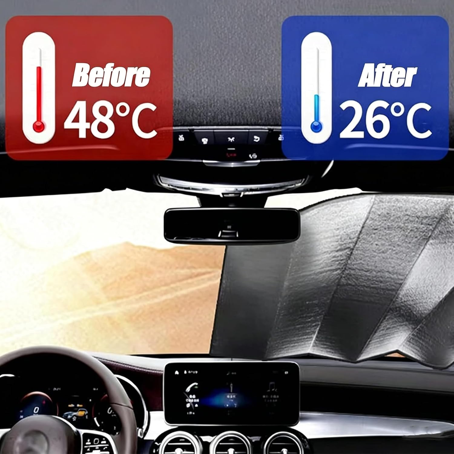Car Windshield Sun Shade, Double Thickening Bubble Sun Shade, Foldable Front Window Sunshade with Suction Cups