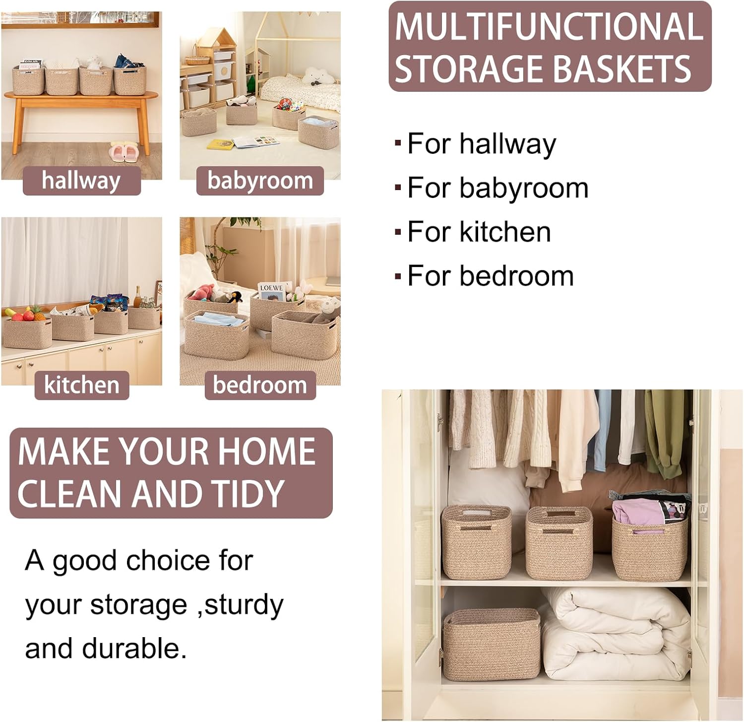 4 Pack Storage Baskets for Organizing, Cube Storage Bins for Shelves, Rectangle Storage Baskets With Handles, Woven