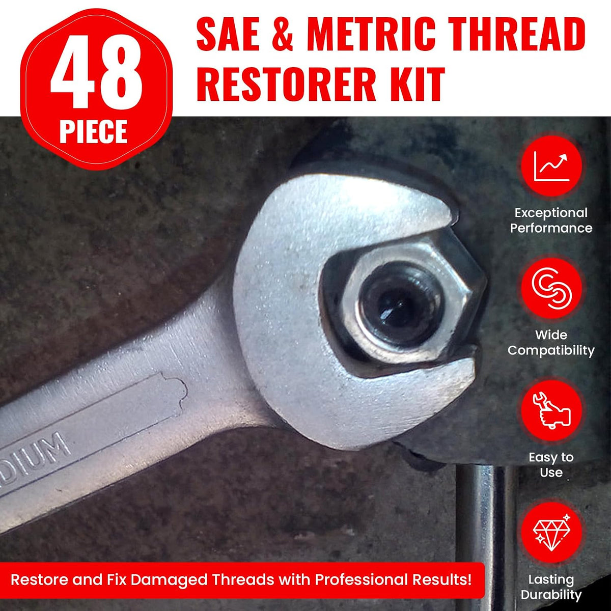 48PCS Thread Chaser Set, Metric and SAE, 22 Taps 24 Dies 2 Thread Files
