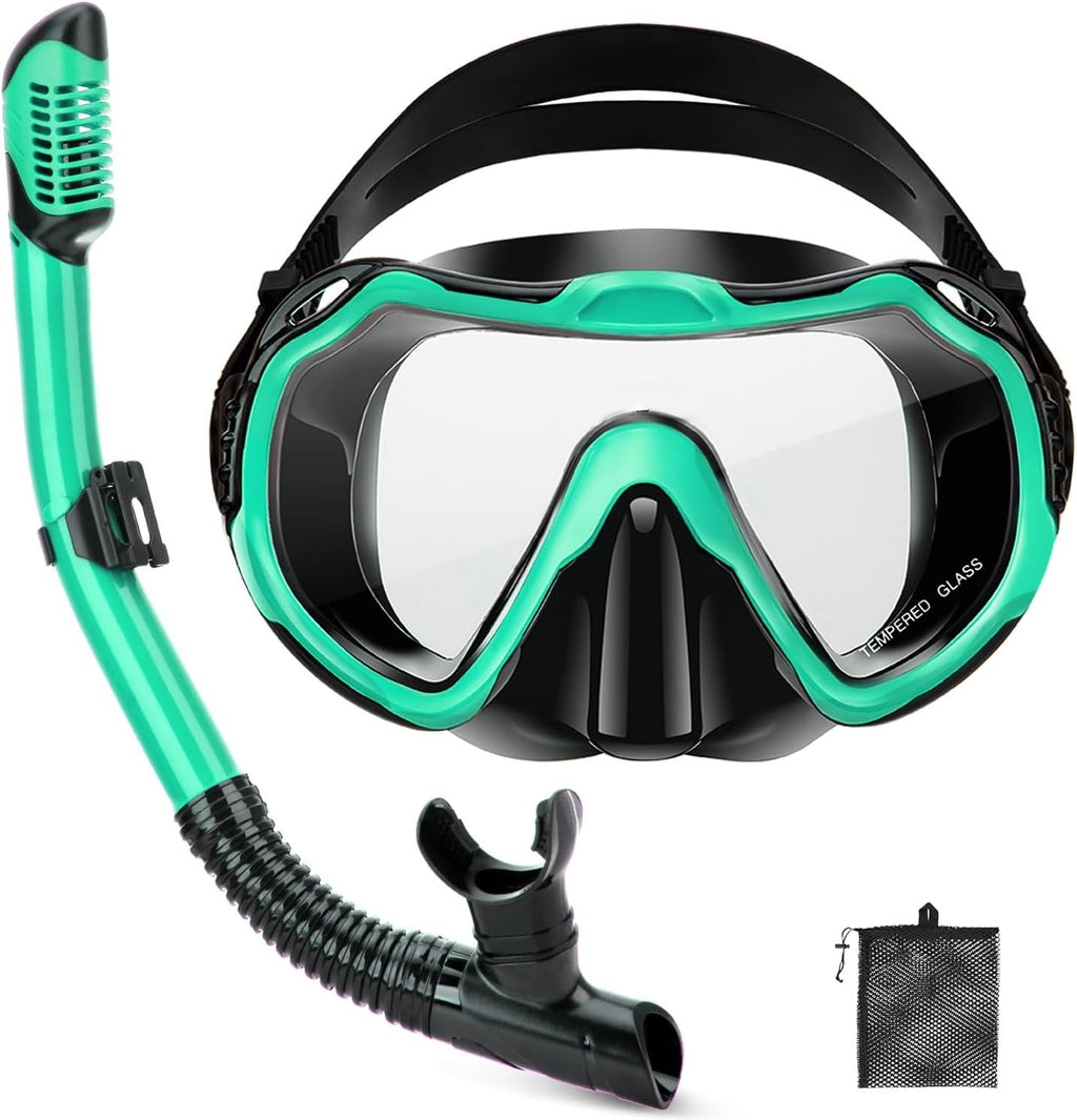 Snorkeling Gear for Adults, Adult Snorkel Set with Panoramic Anti-Leak and Anti-Fog Tempered Glass Snorkel Mask, Dry