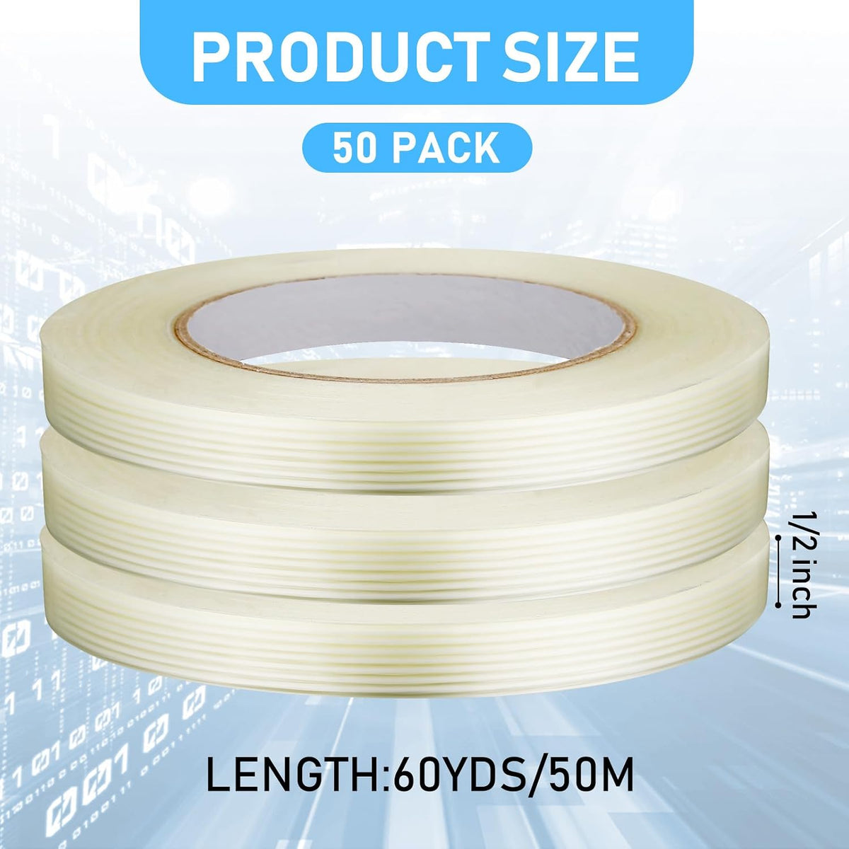 50 Rolls Filament Strapping Tape Bulk 1/2 Inch x 60 Yards